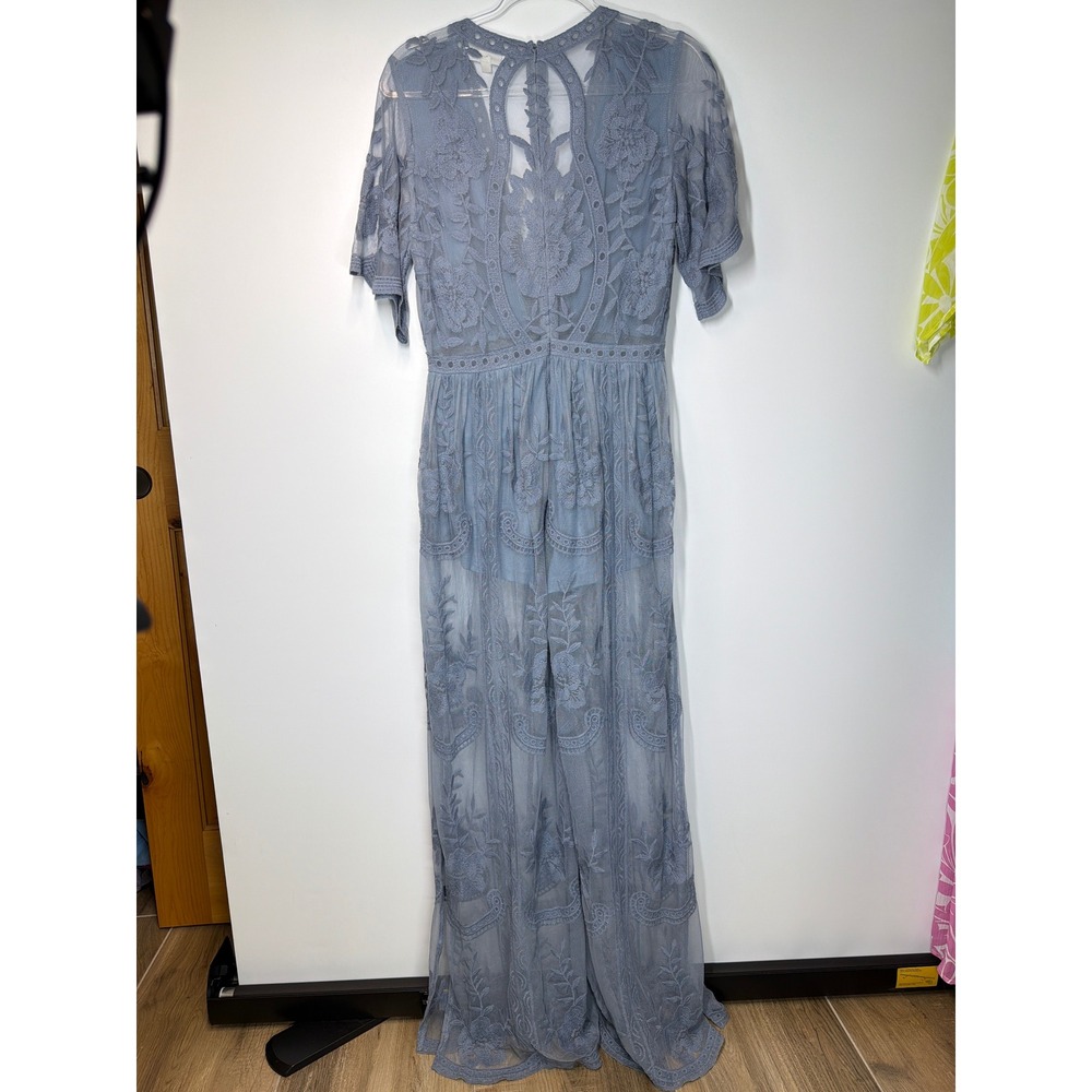 Honey Punch Mila Dusty Blue Lace Romper Maxi Dress | Size Medium - Picture 9 of 15